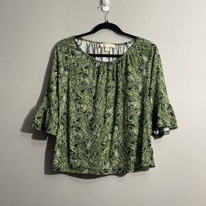 Michael Kors Women’s M Green Paisley Bell Sleeve Blouse Dark Cottagecore